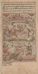 Studiosi indù e musulmani traducono il Mahabharata dal sanscrito al persiano, illustrazione dal Razmnama, 1598-99