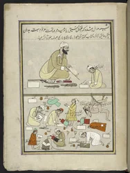 Insegnante indù con allievi, 86 disegni rilegati in un volume che raffigura mestieri e occupazioni in Kashmir, Artigiani al lavoro con i loro strumenti e attrezzature, Di un artista del Kashmir, probabilmente a Srinagar, c.1850-60