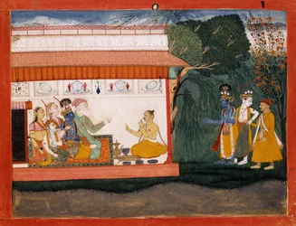 Illustrazione al Bhagvata Purana che raffigura Balarama che prende Akrura per mano con il suo fratello minore Krishna, c.1700