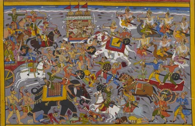 Indra combatte Ravana, che cavalca il carro di Pushpaka, dal suo elefante Airavata.