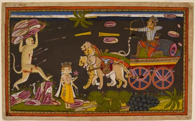 Indrajit combatte contro Hanumān, che si lascia catturare per incontrare Rāvaṇa, confidando nella protezione degli dei. 1653 (miniatura)