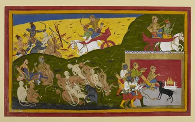 Indrajit combatte mentre Rāma piange la morte di Sītā, confortato da Lakṣmaṇa e Vibhīṣaṇa.