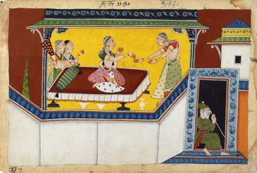 Kaikeyi, la seconda regina del re Dasaratha, che premia la serva gobba Manthara (c.1690-1700)