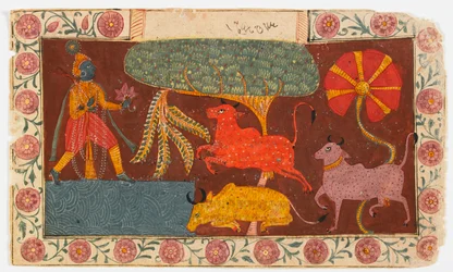Krishna e mucche a uno stagno, da un Bhagavata Purana