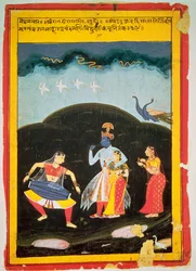 Krishna e Radha sotto la pioggia con due musicisti, Rajasthan