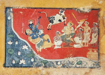 Krishna sconfigge un demone vicino a un fiume