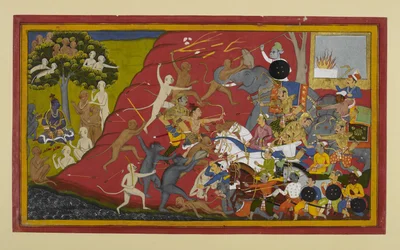 Lakṣmaṇa, Hanumān e Vibhīṣaṇa attaccano Indrajit; la notizia arriva a Rāma