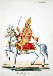 Signore Kalki sul suo cavallo Devadatta con spada in mano