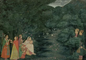 Donne e un bambino vicino a un ruscello in un bosco di notte, osservati da due nobili, Scuola di Mihr Chand, c.1760