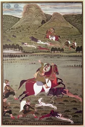 Maharana Jawan Singh di Mewar che caccia il cinghiale selvatico, Udaipur