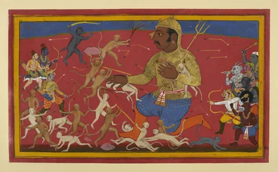 Le scimmie e le divinità attaccano Kumbhakarṇa