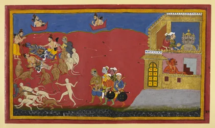 Le scimmie scambiano Vibhīṣaṇa per Indrajit; Nārada loda Nārāyaṇa mentre Rāvaṇa cena