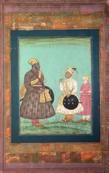 Murtaza Nizam Shah con un visir nero, forse Malik Ambar, e un uomo più giovane, 1680 circa