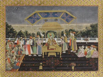 Nadir Shah sul trono del pavone dopo la sua sconfitta di Muhammad Shah, ca. 1850