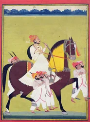 Ritratto di Kumbhawat Kesari Singh di Asop, a cavallo di un cavallo, fumando un narghilè e accompagnato da attendenti, Jodhpur, c.1810-20