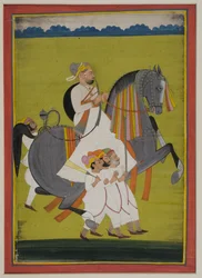 Ritratto di Thakur Surtan Singh di Nimbaj, a cavallo con attendenti a piedi