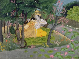 Radha e Krishna si abbracciano in un boschetto di alberi in fiore, c.1780