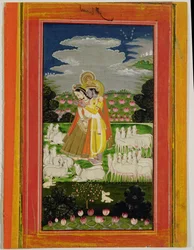 Radha e Krishna si abbracciano in un paesaggio idealizzato con mucche, c.1780