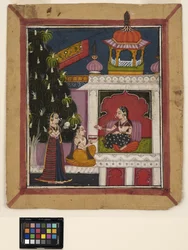 ? Raga: Un uomo inginocchiato offre un libro a una signora in un padiglione, c.1800