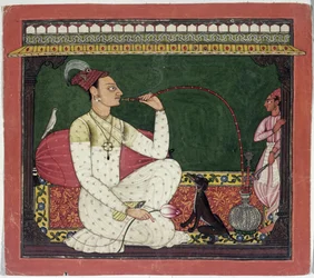 Raja Medini Pal, iscritto sul retro in caratteri Takari bilauria medini pal, Basohli, Himachal Pradesh, Scuola Pahari, 1735