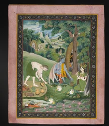 Rama, Lakshmana e Sita che cucinano e mangiano nel deserto, c.1820