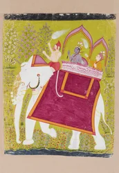 Rama e Lakshman nella howdah di un elefante bianco con Hanuman come mahout