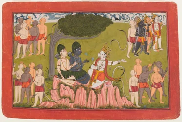 Rama e Lakshmana conferiscono con Sugriva sulla ricerca di Sita, foglio da una serie Ramayana dispersa, c.1770-10