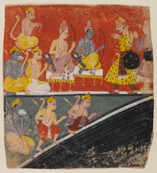 Rama e Lakshmana ricevono inviati, pagina da una serie dispersa del Ramayana, c.1634