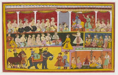 Rama ascolta Lava e Kusha che cantano il Ramayana, con le scimmie e Vibhishana.