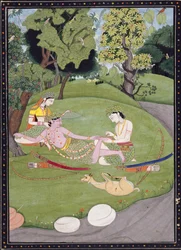 Rama reclinato contro Sita, mentre suo fratello Laksman estrae una spina dal suo piede, 1845