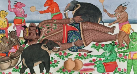 Scena del Ramayana: un gruppo di demoni risveglia il proprio principe dal letargo