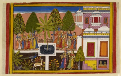 Rāma e Sītā si rilassano nel boschetto di aśoka, godendo di vino e musica, circondati dal giardino lussureggiante.