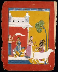 Rukmini offre acqua al saggio Narada mentre il suo consorte Krishna siede nella sua casa