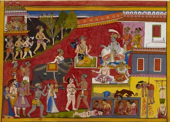 Rāvaṇa scende nel regno di Yama, mentre Nārada lo segue.