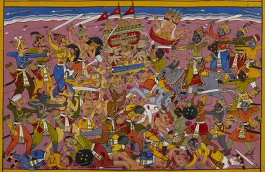 Rāvaṇa combatte contro Yama, ma Brahmā interviene per proteggerlo.