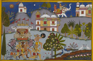 Rāvaṇa marcia verso il Devaloka mentre Indra si muove per radunare gli dei e cercare l