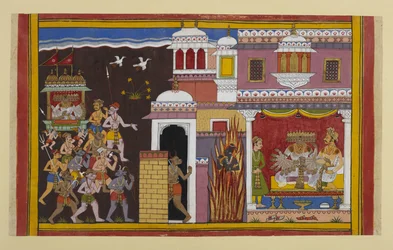 Rāvaṇa incontra Bali in un palazzo custodito da Viṣṇu, che scompare risparmiandolo per il momento.