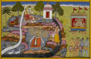 Rāvaṇa cavalca il carro di Puṣpaka, poi solleva e scuote il monte Kailāsa per sfidare Śiva.
