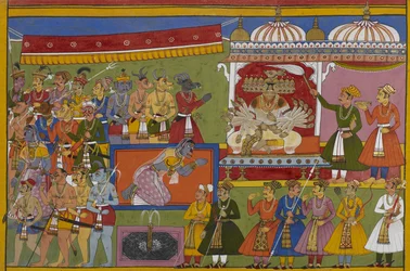 Rāvaṇa siede sul suo trono mentre la sorella Śūrpaṇakhā piange la morte del marito per mano sua