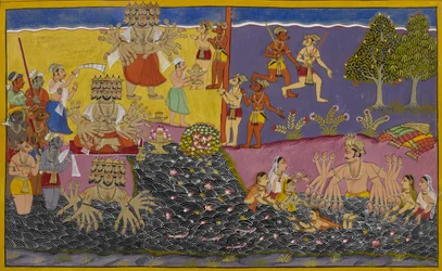 Rāvaṇa adora il linga sul Narmada, mentre il re Arjuna si bagna nelle vicinanze.