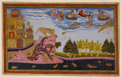 Sītā prega per Hanumān, che la rassicura e torna, volando tra le nuvole, inondata di fiori. 1653 (miniatura)