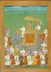 Il sultano Akbar cavalca un elefante con la corte di Shah Alem. Miniatura da un racconto di viaggio di Niccolò Manucci (1638 - 1717), esploratore veneziano. India