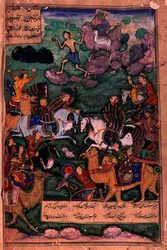 La battaglia dei clan, folio 15b dal poema Layla e Majnun, scritto da Amir Khusrau Dihlavi (1253-1325) basato sulla storia del Khamsa (Quintetto) di Nizami, Mughal, 1600