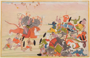 La Devi sconfigge Mahishasura, foglio da una serie Devi Mahatmya dispersa, c.1770-80