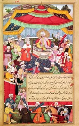 Il re sul suo trono circondato dai suoi cortigiani, dal Baburnama (Memorie di Babur) 1530