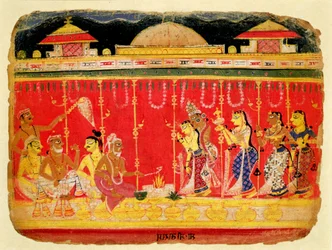 Il matrimonio dei genitori di Krishna, da un manoscritto disperso del Bhagavata Purana da Mewar, Rajasthan, c.1520-50