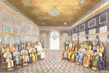 I Nawab e i re di Oudh in un interno di palazzo con i loro servitori, c.1800