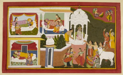 La nascita dei quattro figli del re Dasaratha. Rama, Bharata, Lakshmana e Satrughna.