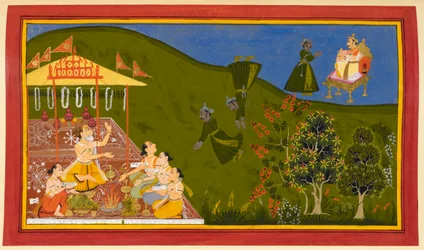 Trishanku ascende al cielo ma Indra gli dice di tornare sulla terra e, mentre cade, chiede aiuto a Viśvāmitra.