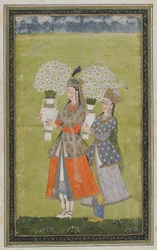 Due signore portano fiori, foglio di album staccato con pittura, XIX secolo